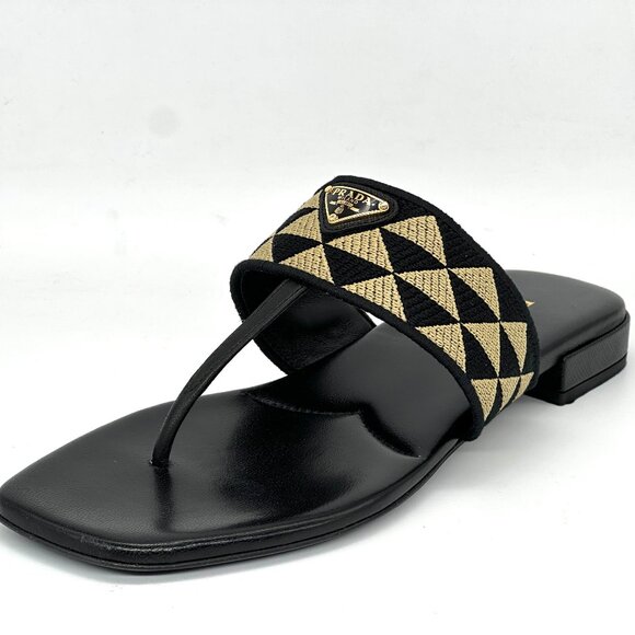 PRADA Triangular Triangle Logo Jacquard Woven T Strap Thong Flat Sandals - Picture 5 of 16